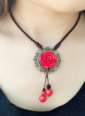 民族风红色花朵短款项链