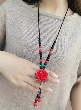 民放风红色花朵长项链