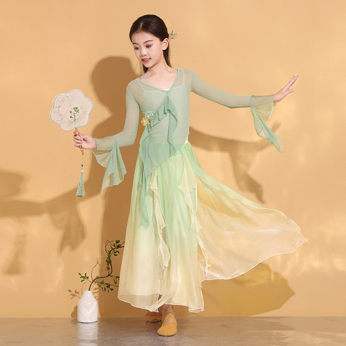 美女童古典舞蹈服中国舞身韵练功服纱衣儿童民族舞扇子舞演出服 - 图3