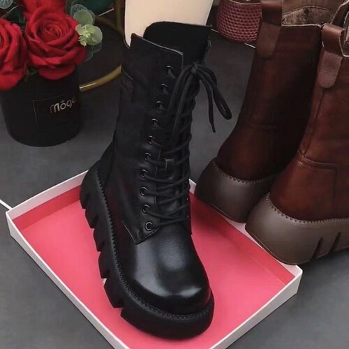 中筒靴女2025年秋冬新款真皮马丁靴松糕厚底短靴皮毛一体羊毛女靴 - 图0