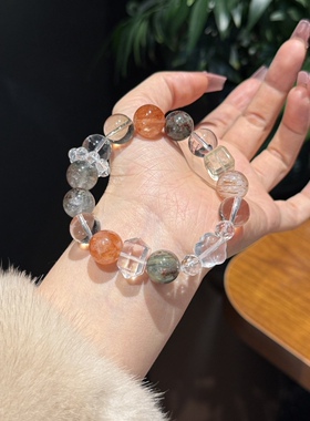 天然绿幽灵黄水晶红胶花白水晶手链女款招财转运珠小众手饰送礼物