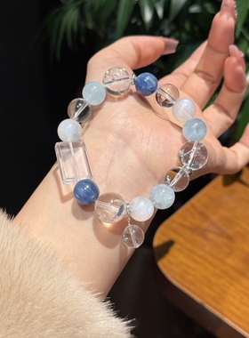 正品水金天然海蓝宝白水晶月光石蓝晶石手链手串喜水金招财转运