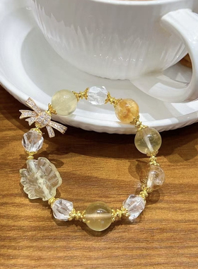 正品天然黄水晶九尾狐手链串狐球款原创拉长石单圈柠檬黄女配证书