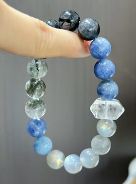 正品梵高的星空蓝晶石绿幽灵黑发晶月光石手链设计款主旺事业招财