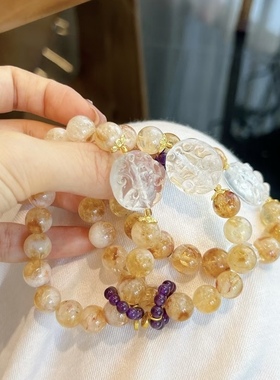 原创天然水晶手链黄塔晶白水晶蝴蝶翅膀招财转运黄水晶小众手串