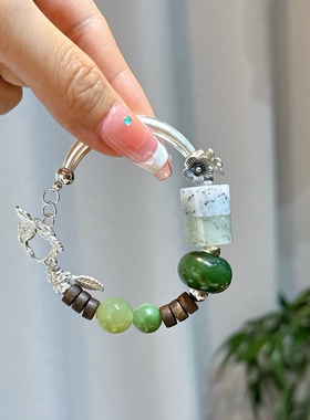 原创设计款天然和田玉方糖碧玉面包扣沉香小众女款手串火龙果玉石