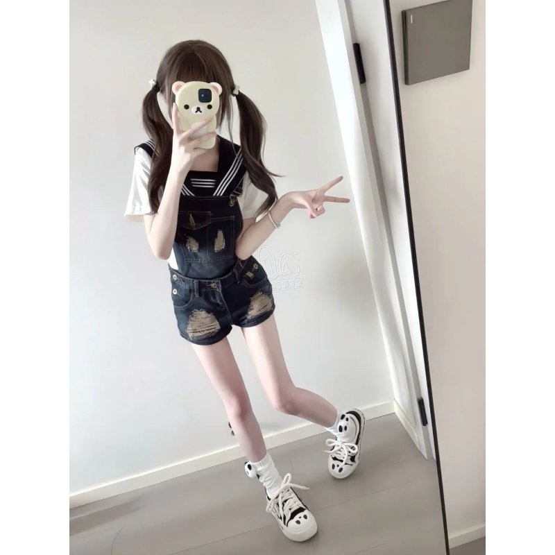 美式复古破洞牛仔背带短裤女2025新款纯欲俏皮辣妹性感超短热裤子,淘宝优惠券,粉丝福利购,淘宝优惠卷