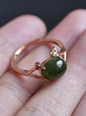 天然和田玉俄料老料碧玉菠菜绿s925银玫瑰金金镶戒指生日礼物8z