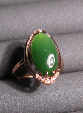 天然和田玉俄料碧玉辣阳绿925银玫瑰金时尚女款戒指