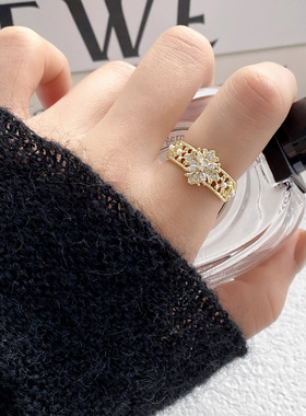 法式小众复古精致锆石戒指女时尚重工星芒高级感开口可调节食指戒