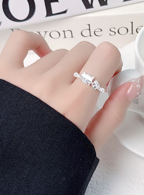 森系猫咪猫眼石戒指小众简约设计感个性潮流百搭开口指环手饰女款