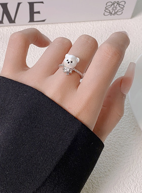 可爱奶油小熊锆石戒指女款轻奢时尚高级感食指戒时尚开口指环