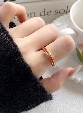 新中式红绳锆石几何开口戒指气质时尚可调节食指戒新年高级感指环