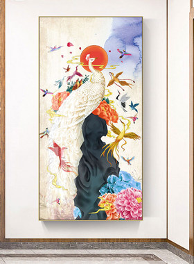 新中式白色孔雀玄关装饰画百鸟朝凤入户对门客厅背景墙走廊壁画