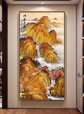 旭日东升玄关挂画鸿运当头客厅竖版墙壁装饰画金色日出东方壁画