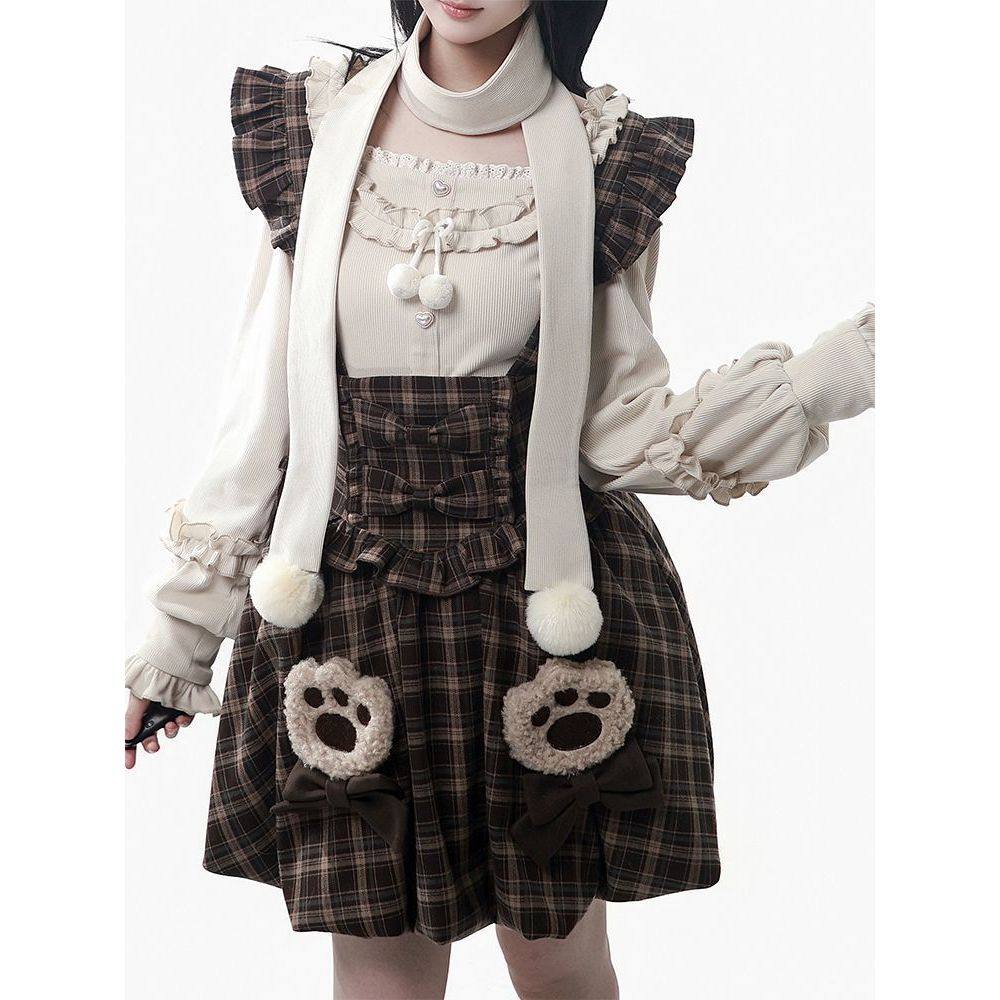 【冬遇巧巧】冬日温暖针织花苞背带裙+内搭(含围脖)+斗篷套装女,淘宝优惠券,粉丝福利购,淘宝优惠卷