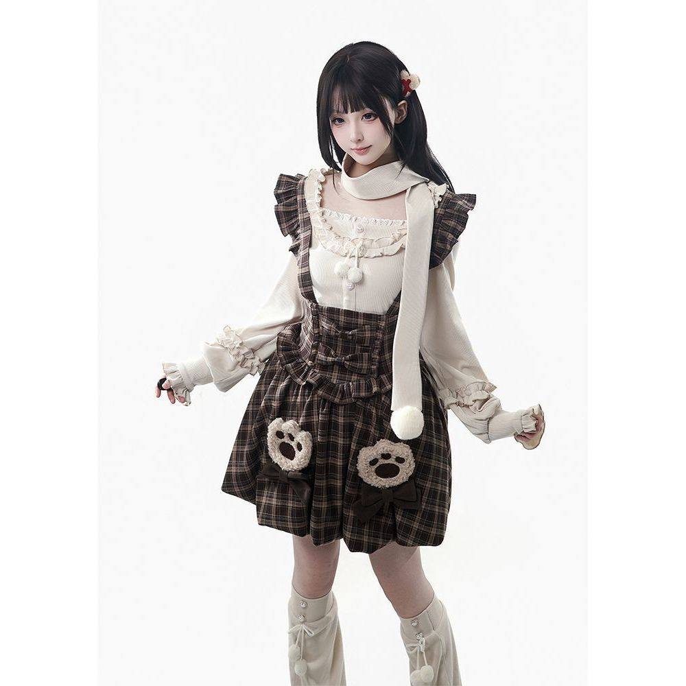 【冬遇巧巧】冬日温暖针织花苞背带裙+内搭(含围脖)+斗篷套装女,淘宝优惠券,粉丝福利购,淘宝优惠卷