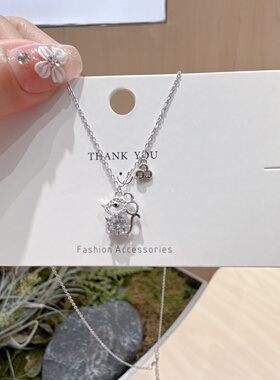 S925纯银闪耀锆石俏皮萌趣生肖鼠精致时尚可调节项链送女朋友礼物