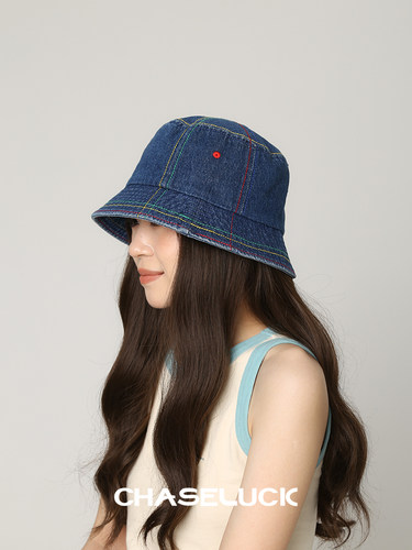 彩虹线牛仔渔夫帽女夏季韩版遮阳帽子防晒水桶帽男短檐显脸小盆帽 - 图0
