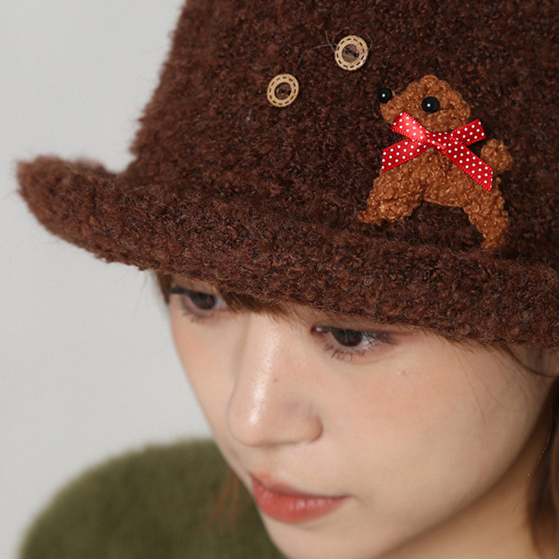 小狗蝴蝶结咖色渔夫帽短檐卷边女秋冬新款保暖护耳毛线帽遮阳盆帽,淘宝优惠券,粉丝福利购,淘宝优惠卷