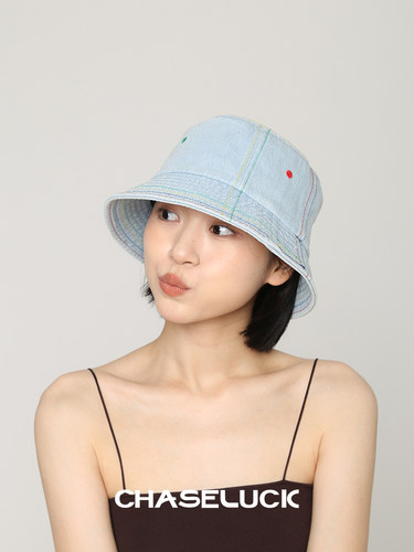 彩虹线牛仔渔夫帽女夏季韩版遮阳帽子防晒水桶帽男短檐显脸小盆帽 - 图2
