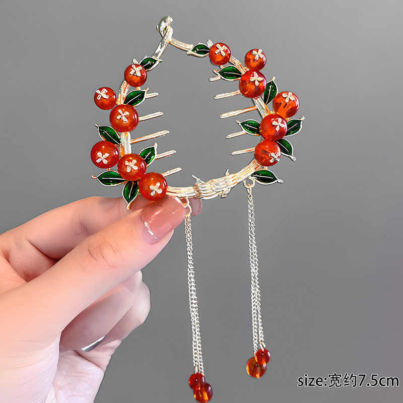 柿柿如意柿子流苏发夹丸子头固定神器抓夹女高级感发扣半扎盘发抓,淘宝优惠券,粉丝福利购,淘宝优惠卷