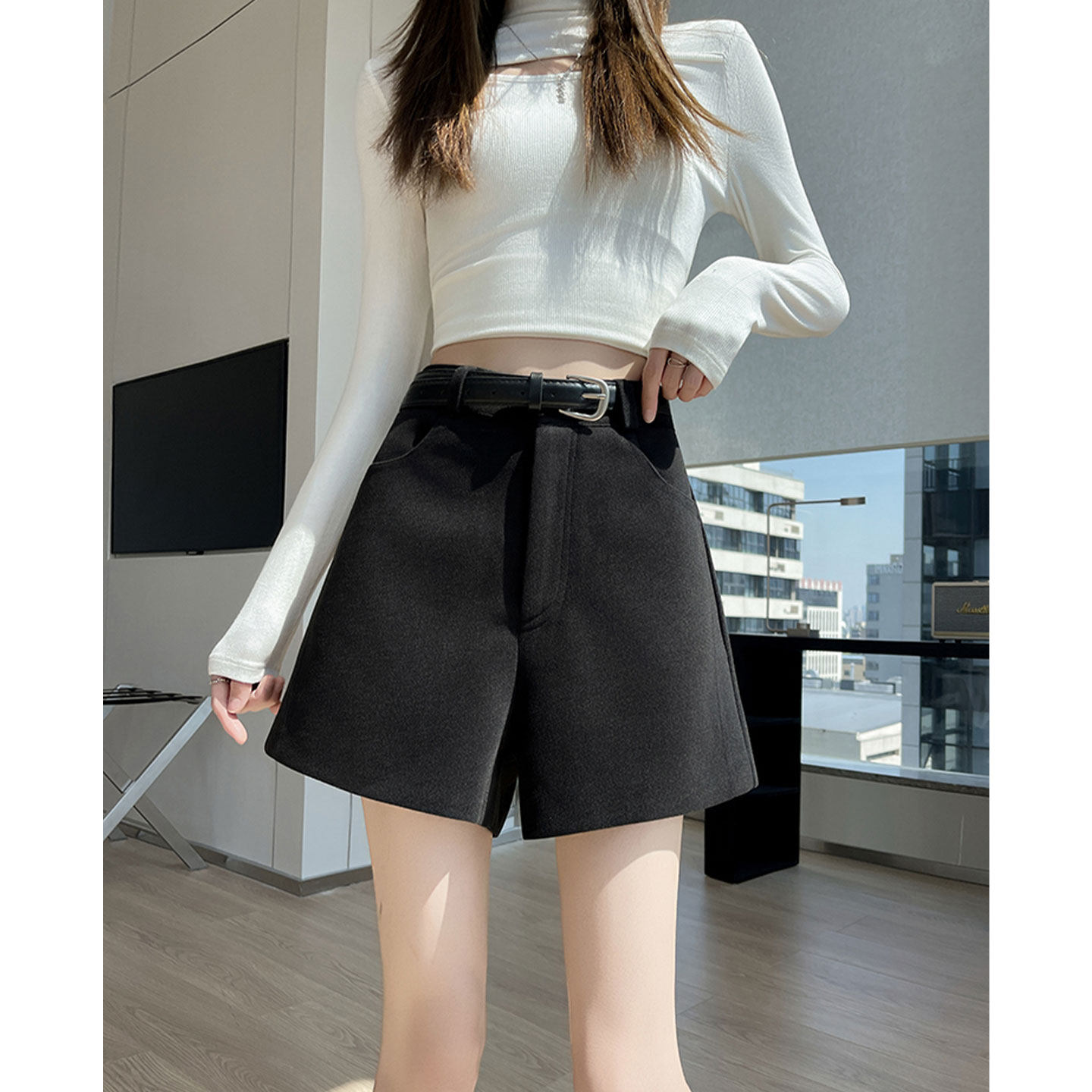 灰色毛呢短裤女冬季外穿小个子高腰西装阔腿裤春季显瘦打底靴裤子,淘宝优惠券,粉丝福利购,淘宝优惠卷