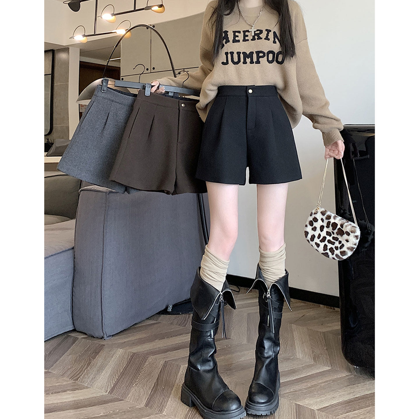 灰色高腰阔腿毛呢西装短裤女装秋冬新款气质直筒靴裤简约休闲裤子,淘宝优惠券,粉丝福利购,淘宝优惠卷