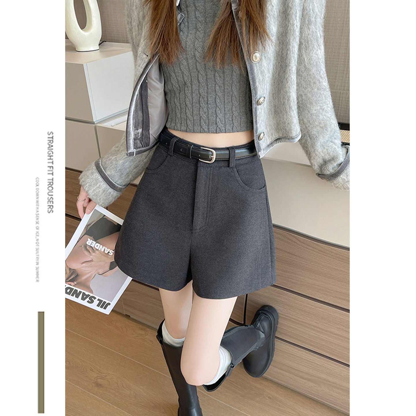 灰色毛呢短裤女冬季外穿小个子高腰西装阔腿裤春季显瘦打底靴裤子,淘宝优惠券,粉丝福利购,淘宝优惠卷