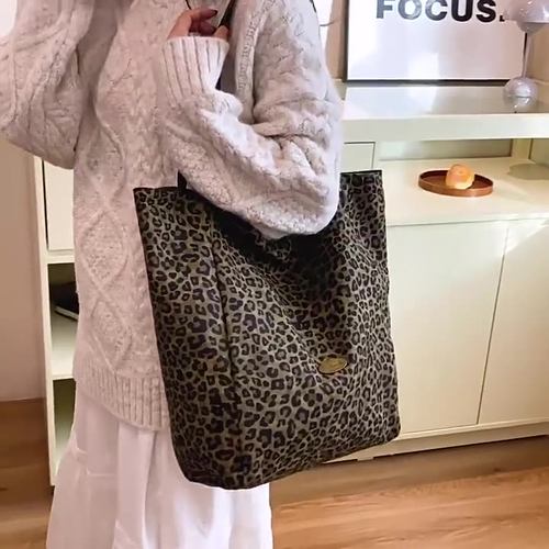 新款小众设计豹纹帆布包女大容量两面背单肩包简约休闲上班通勤包 - 图1