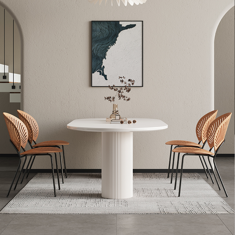 法式奶油风岩板餐桌家用椭圆形轻奢现代简约靠墙半圆形白色饭桌 - 图2