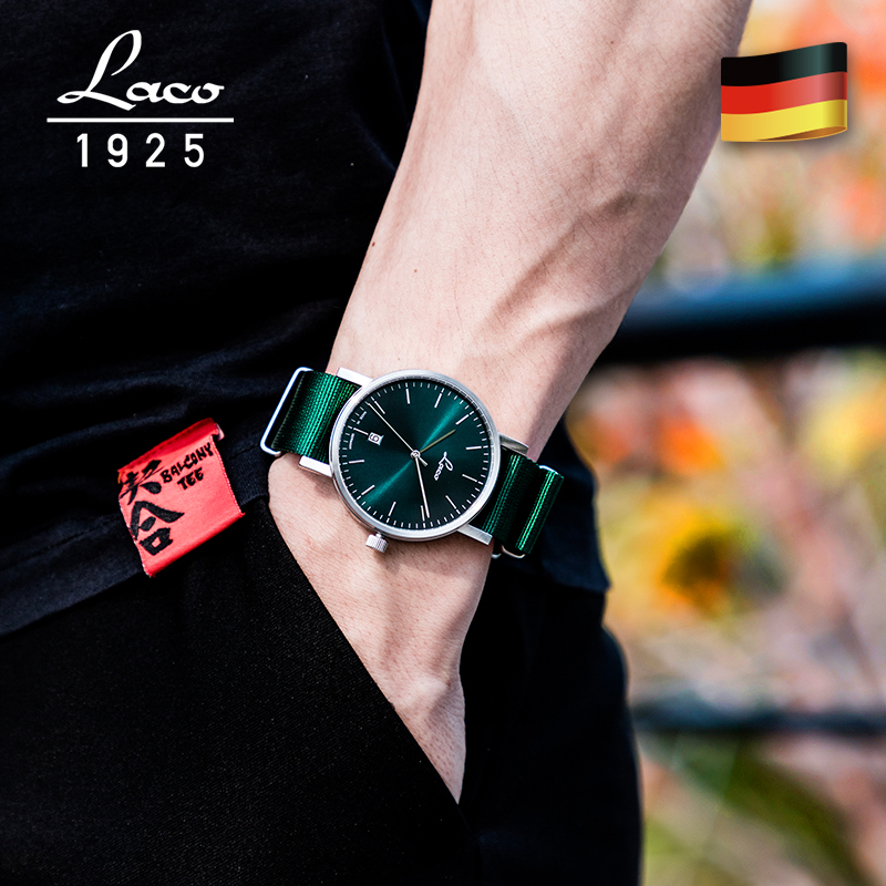 laco朗坤德国进口机械表男士手表包豪斯尼龙带绿色表盘简约男表