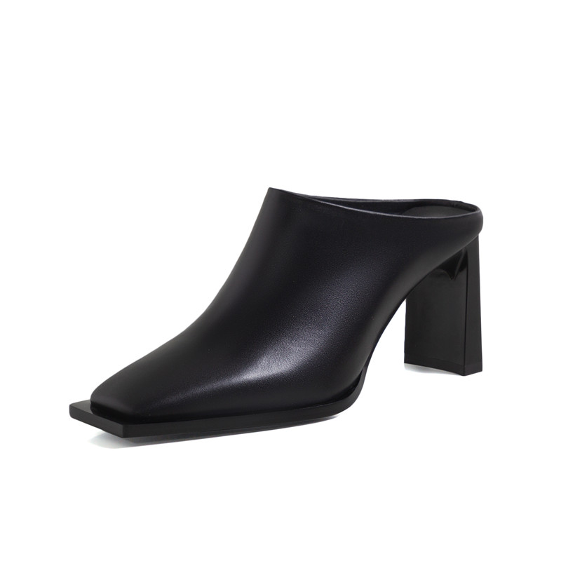 包头欧美风春季新款简约方头粗跟2022年帅气高跟真皮懒人半拖鞋女,淘宝优惠券,粉丝福利购,淘宝优惠卷