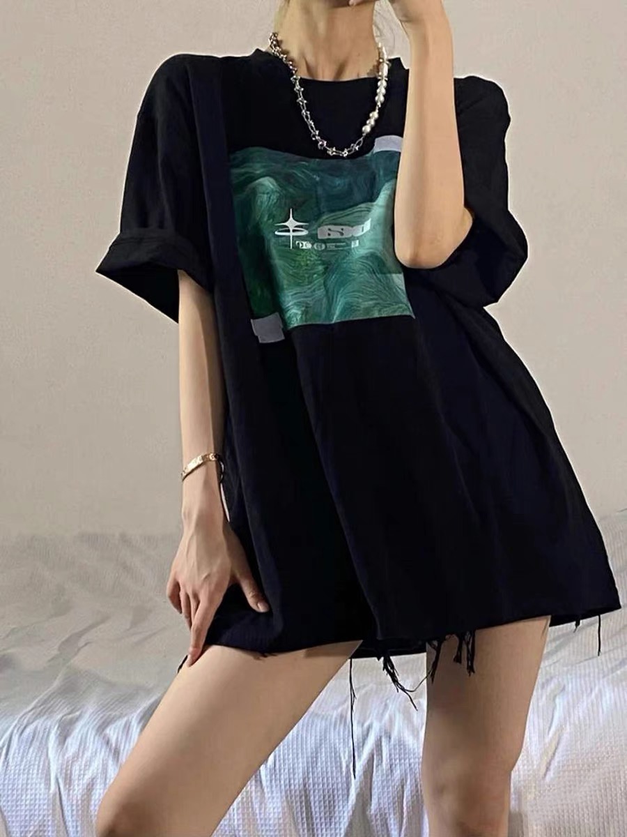 欧美式复古t恤女短袖夏季甜酷宽松半袖设计感小众黑色上衣女ins潮 - 图0