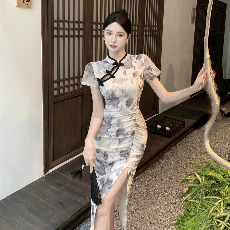 日常修身改良旗袍网纱印花民国风复古包臀高开叉中长款褶皱连衣裙_虎窝淘