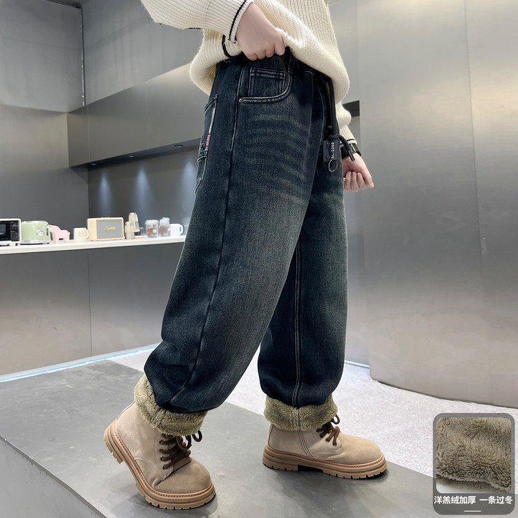 男童加绒加厚裤子冬季2025新款中大童羊羔绒牛仔裤一条过冬棉裤潮,淘宝优惠券,粉丝福利购,淘宝优惠卷