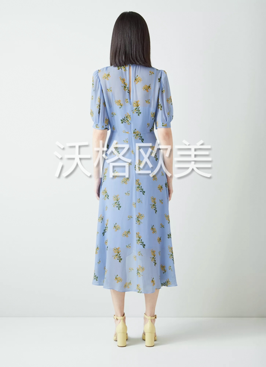 沃格 英国LKB春夏新款柔美黄蓝碎花印花两件套飘逸女神人丝连衣裙 - 图0