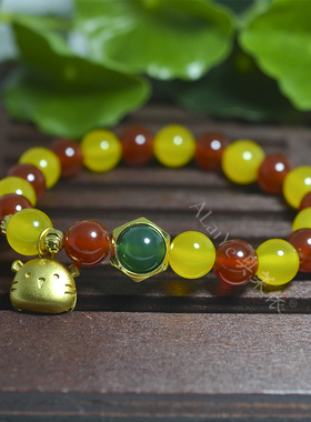 黄绿色天然玛瑙玉髓虎头手链女生