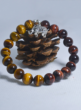 天然虎眼石木变佛珠银手链