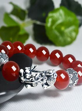 天然玛瑙复古泰银貔貅手链