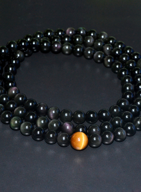 天然黑曜石108颗佛珠配黄虎眼石