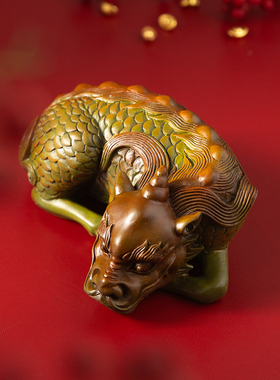 铜麒麟摆件独角獬豸镇纸案头清供