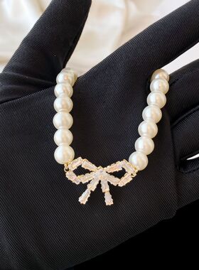 鞠婧祎同款锆石蝴蝶结珍珠项链女新款小众气质百搭设计感锁骨颈链