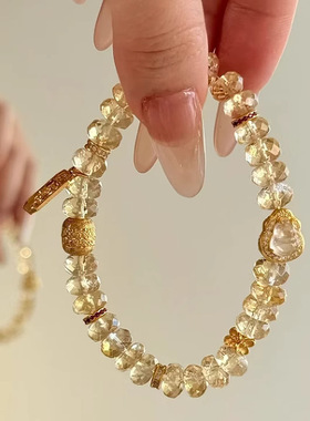 爆闪切刻面巴西天然黄水晶手串玉葫芦金象牌吊坠串珠手链轻奢