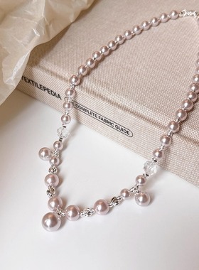 曼塔玫瑰色施家珍珠项链手链套装气质时尚白水晶渐变大小珍珠