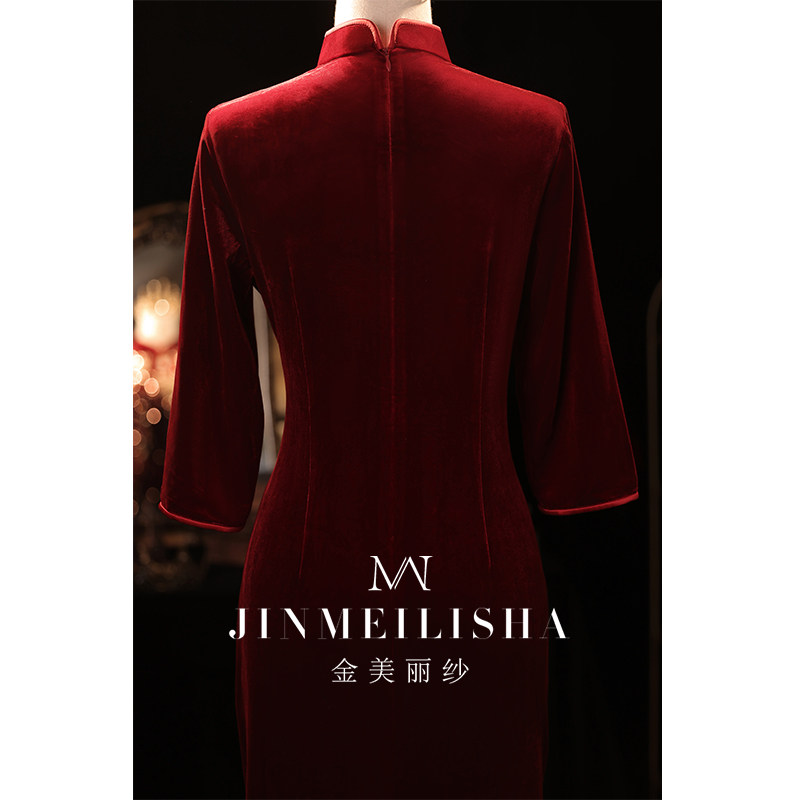 婚宴喜婆婆改良中式秋冬长袖旗袍 金美丽纱服饰旗袍