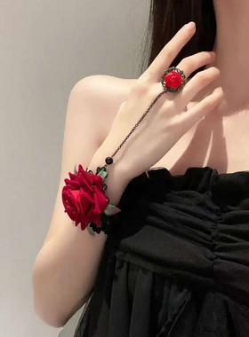万圣节手链蕾丝红玫瑰戒指一体