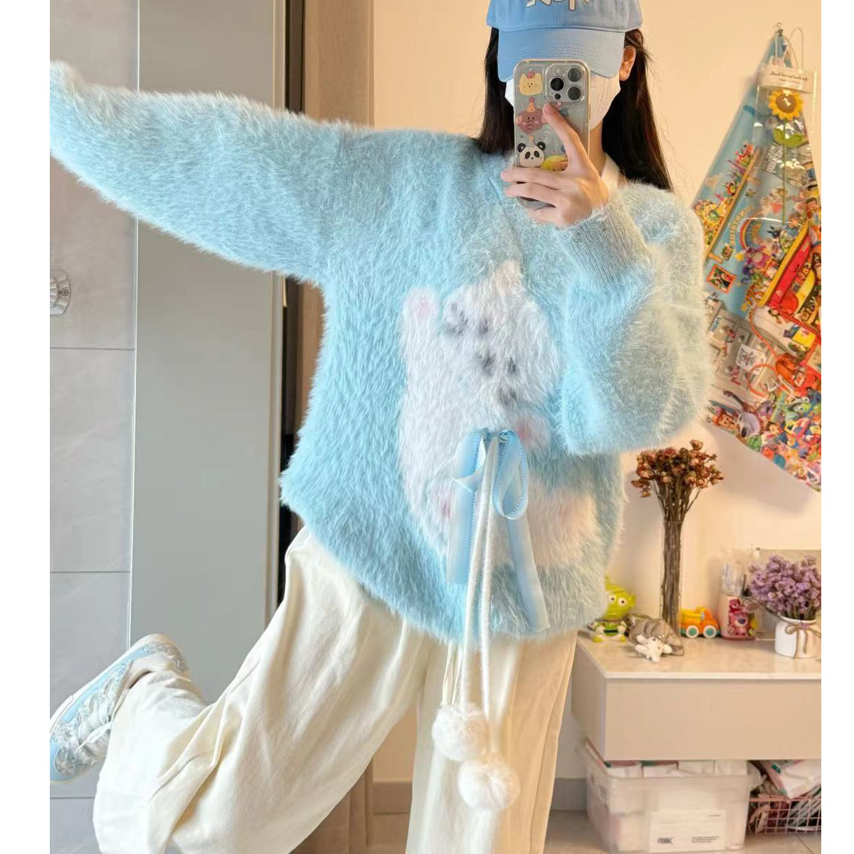 Deschpe 美式高级感奶蓝色水貂绒猫咪蝴蝶结毛衣女秋冬款宽松上衣 - 图2