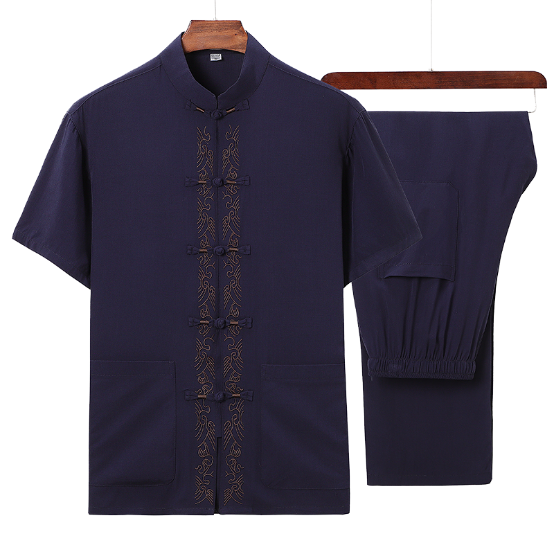 中老年短袖唐装套装男亚麻料练功服 培驰民族服装