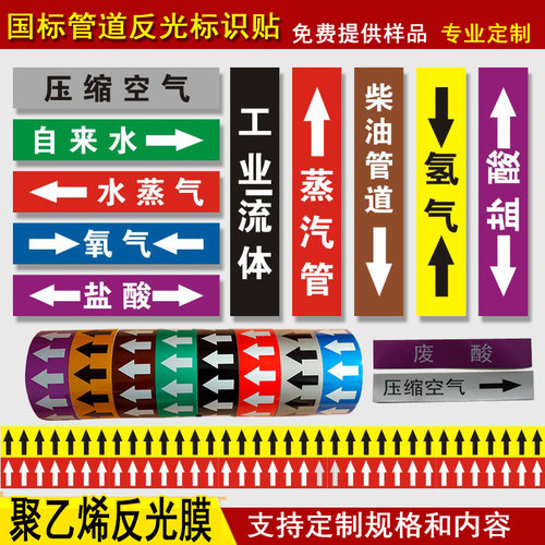 国标管道压缩空气蒸气自来水标识贴反光膜氧气二氧化碳氢氮氩气甲丙烷流向色环箭头贴纸工厂提示标志警示定制 - 图3